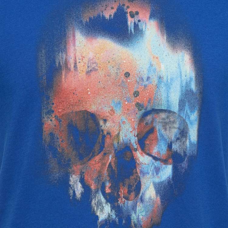 Pre Owned Alexander McQueen Blue Skull Print Cotton Crew Neck T-Shirt M