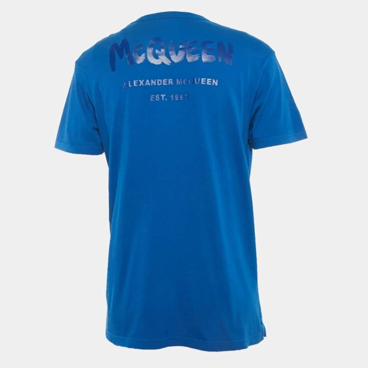 Pre Owned Alexander McQueen Blue Logo Print Cotton T-Shirt M