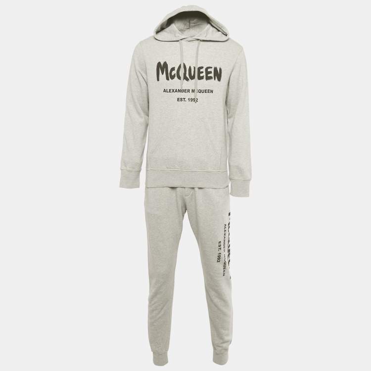 Pre Owned Alexander McQueen Grey Graffiti Logo Print Cotton Joggers Set M