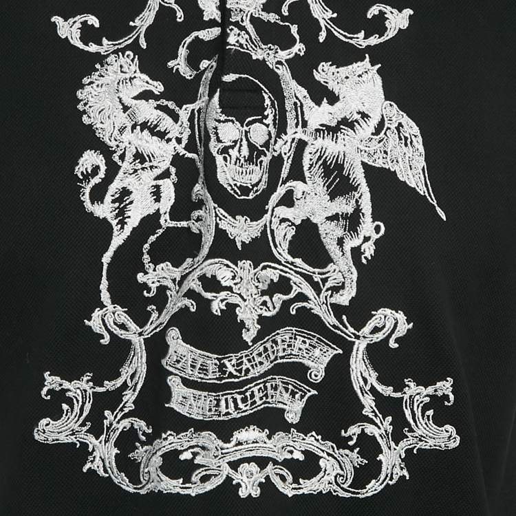 Pre Owned Alexander McQueen Black Cotton Pique Embroidered Polo T-Shirt L