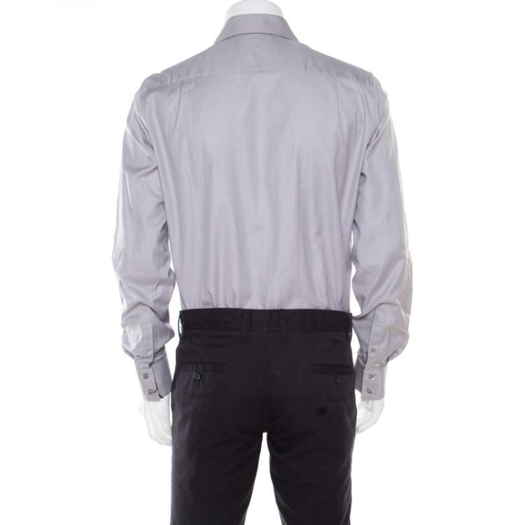 Pre Owned Alexander McQueen Grey Textured Cotton Eyelet Embroidered Collar Shirt XL