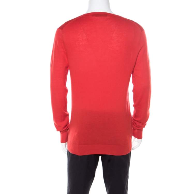 Pre Owned Alexander McQueen Red Cashmere Jacquard Skull Detail V Neck Sweater L