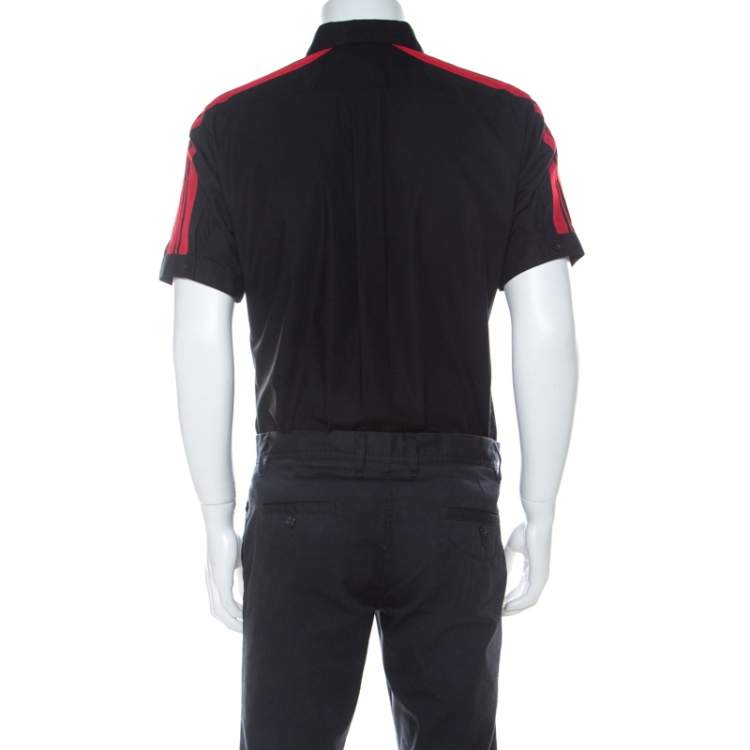 Pre Owned Alexander McQueen Black Cotton Red Stripe Detail Collar Stud Short Sleeve Shirt L