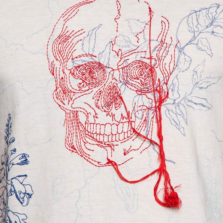 Pre Owned Alexander McQueen Printed White Distressed Embroidered Skull Detail T-Shirt L