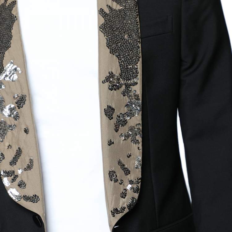 Pre Owned Alexander McQueen Black Wool & Mohair Sequin Lapel Blazer M