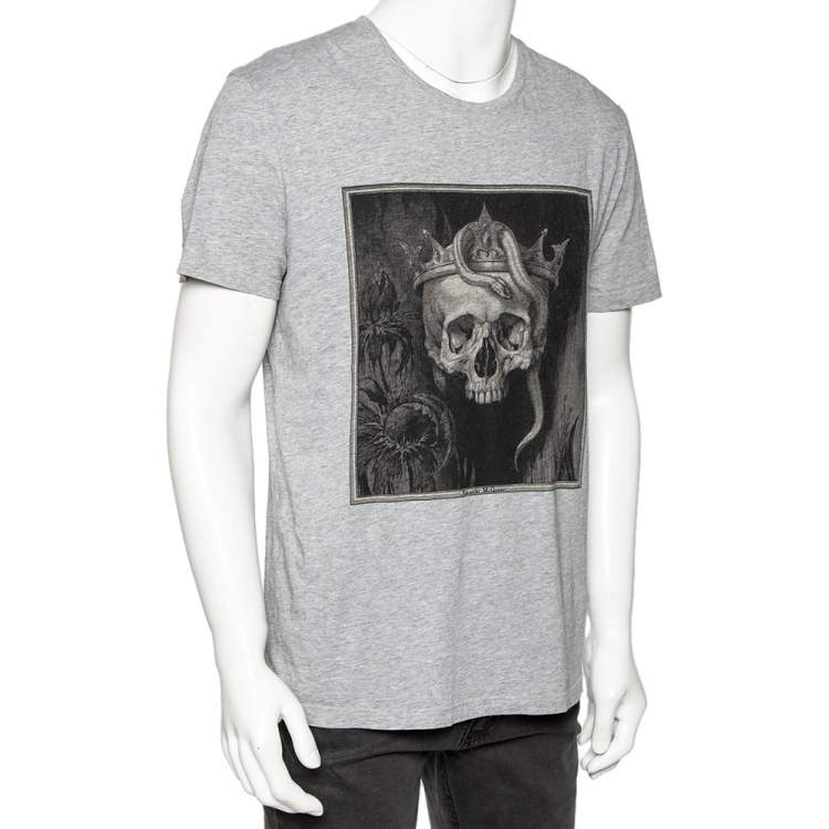 Pre Owned Alexander McQueen Grey Skull Printed Cotton Knit T-Shirt L