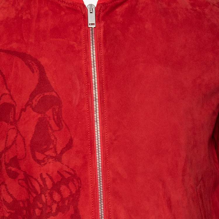 Pre Owned Alexander McQueen Red Suede Skull Embossed Jacket S