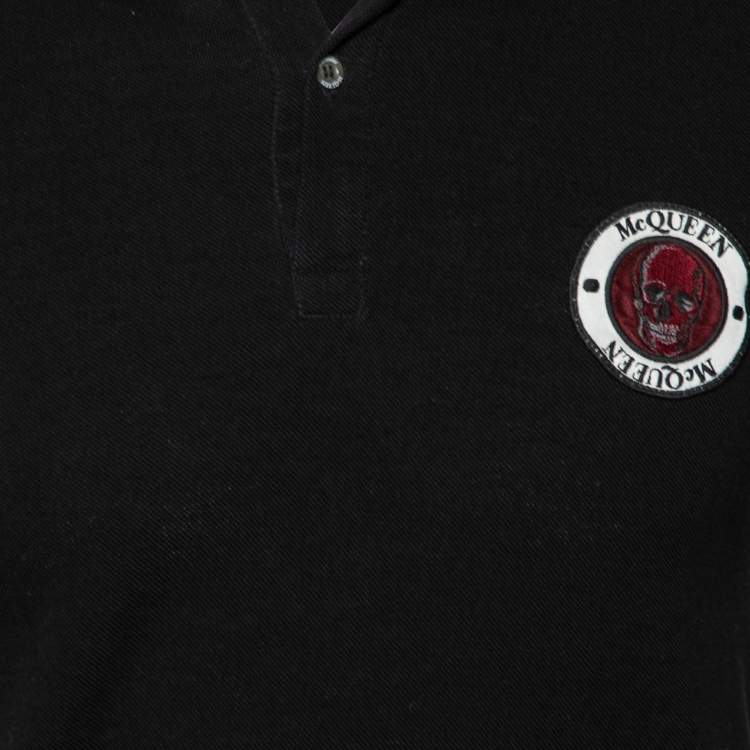 Pre Owned Alexander McQueen Black Cotton Skull Logo Patch Polo T-Shirt S