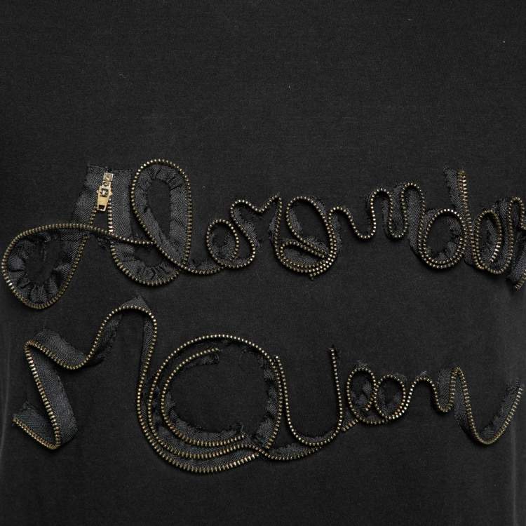 Pre Owned Alexander McQueen Black Cotton Logo Zipped Detailed Crew Neck T-Shirt S