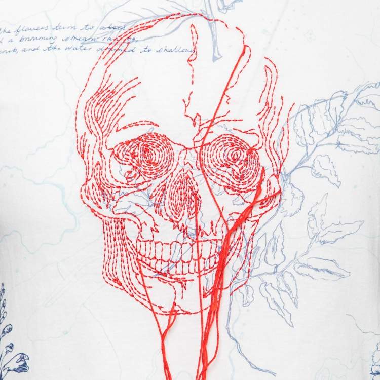 Pre Owned Alexander McQueen White Skull-Embroidered Printed Cotton T-Shirt M   