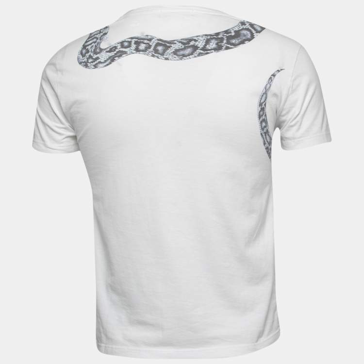 Alexander McQueen White Snake Print Cotton V-Neck T-Shirt XS