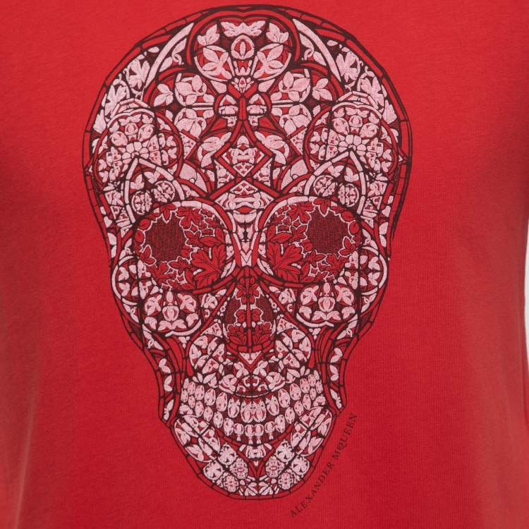 Pre Owned Alexander McQueen Red Ornamental Skull Print Cotton T-Shirt S