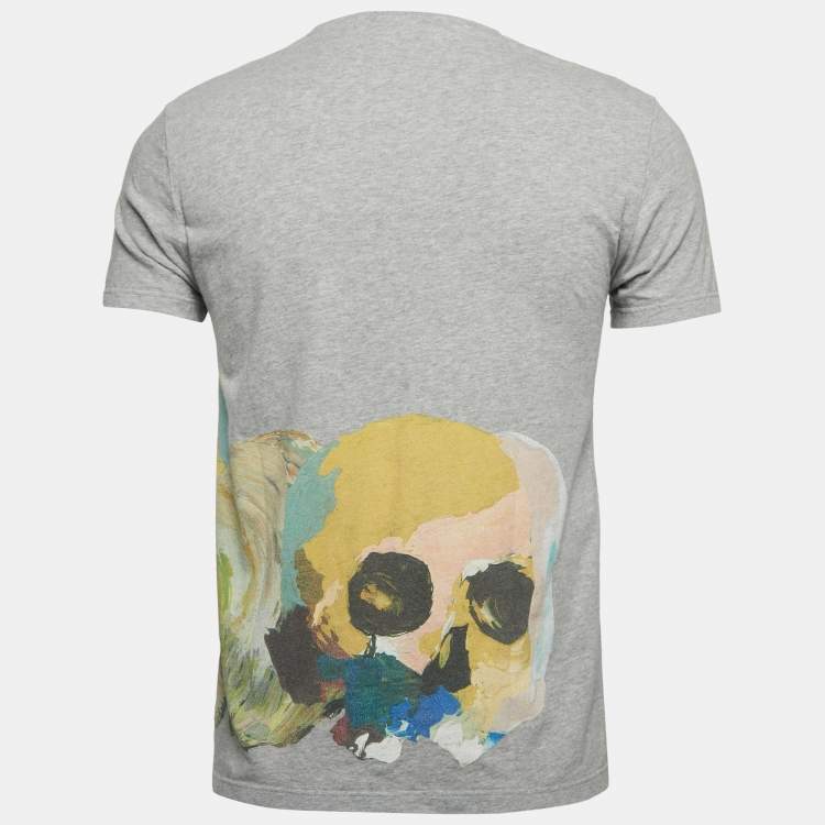 Pre Owned Alexander McQueen Grey Engin Skull Print Cotton Half Sleeve T-Shirt S
