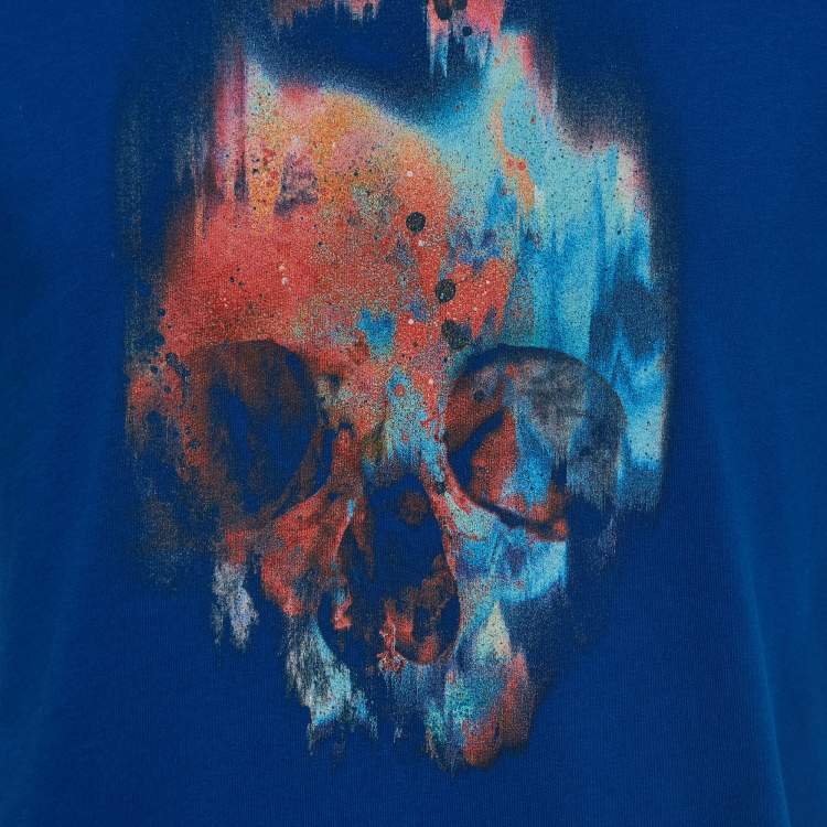Pre Owned Alexander McQueen Blue Skull Print Cotton Crew Neck T-Shirt M