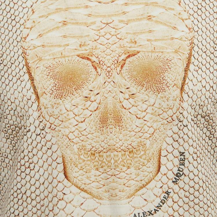 Pre Owned Alexander McQueen Cream Snake Print Skull Front Cotton Half Sleeve T-Shirt S