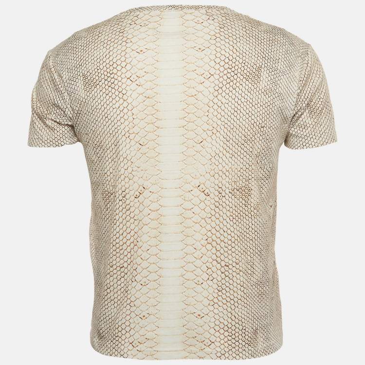 Pre Owned Alexander McQueen Cream Snake Print Skull Front Cotton Half Sleeve T-Shirt S