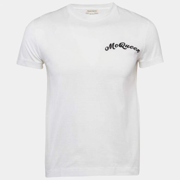 Pre Owned Alexander McQueen White Logo Embroidered Cotton T-Shirt S