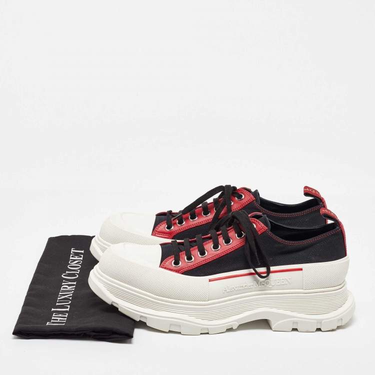 Pre Owned Alexander McQueen Black/Red Canvas and Leather Tread Low Sneakers Size 44