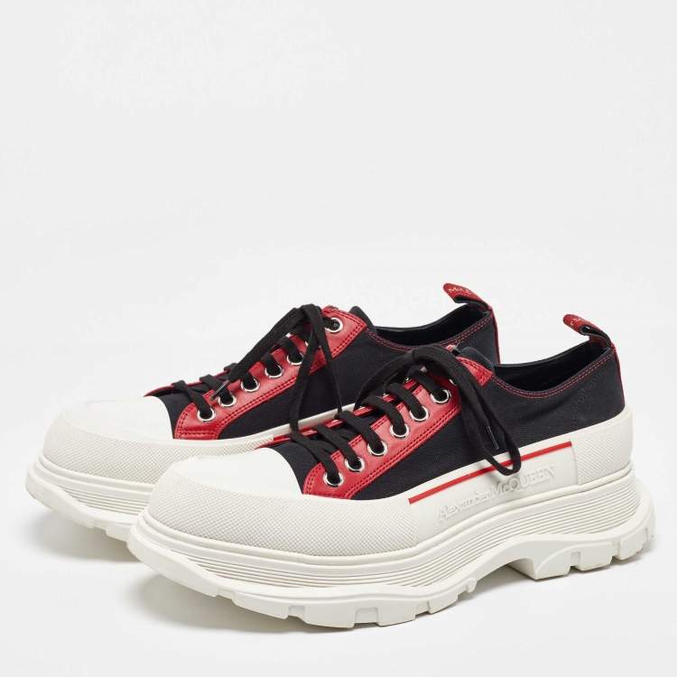 Pre Owned Alexander McQueen Black/Red Canvas and Leather Tread Low Sneakers Size 44