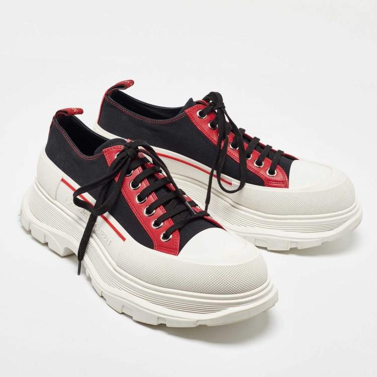 Pre Owned Alexander McQueen Black/Red Canvas and Leather Tread Low Sneakers Size 44