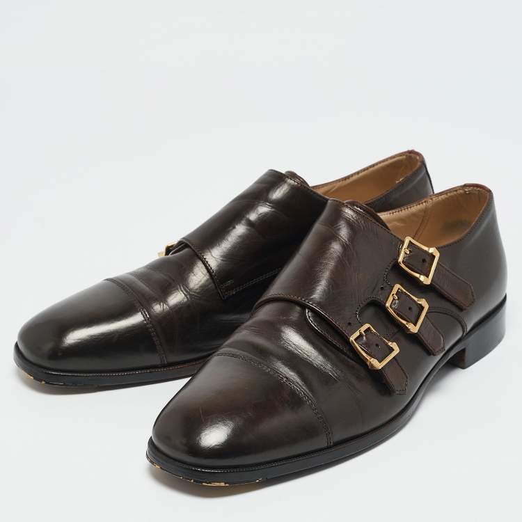 Pre Owned Alexander McQueen Brown Leather  Embellished Monk strap Loafers Size 43
