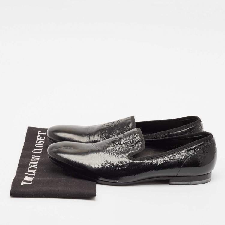 Pre Owned Alexander McQueen Black Patent Leather Skull Embossed Detail Smoking Slippers Size 44