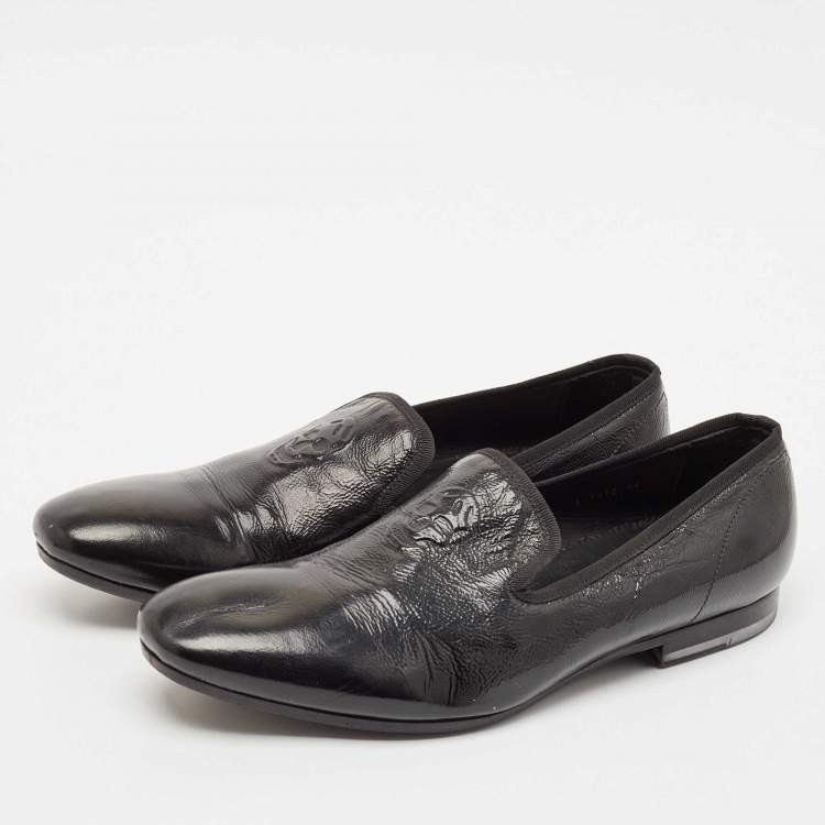 Pre Owned Alexander McQueen Black Patent Leather Skull Embossed Detail Smoking Slippers Size 44
