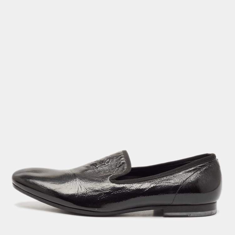 Pre Owned Alexander McQueen Black Patent Leather Skull Embossed Detail Smoking Slippers Size 44