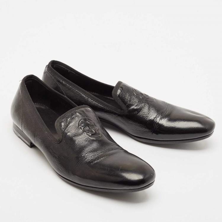 Pre Owned Alexander McQueen Black Patent Leather Skull Embossed Detail Smoking Slippers Size 44
