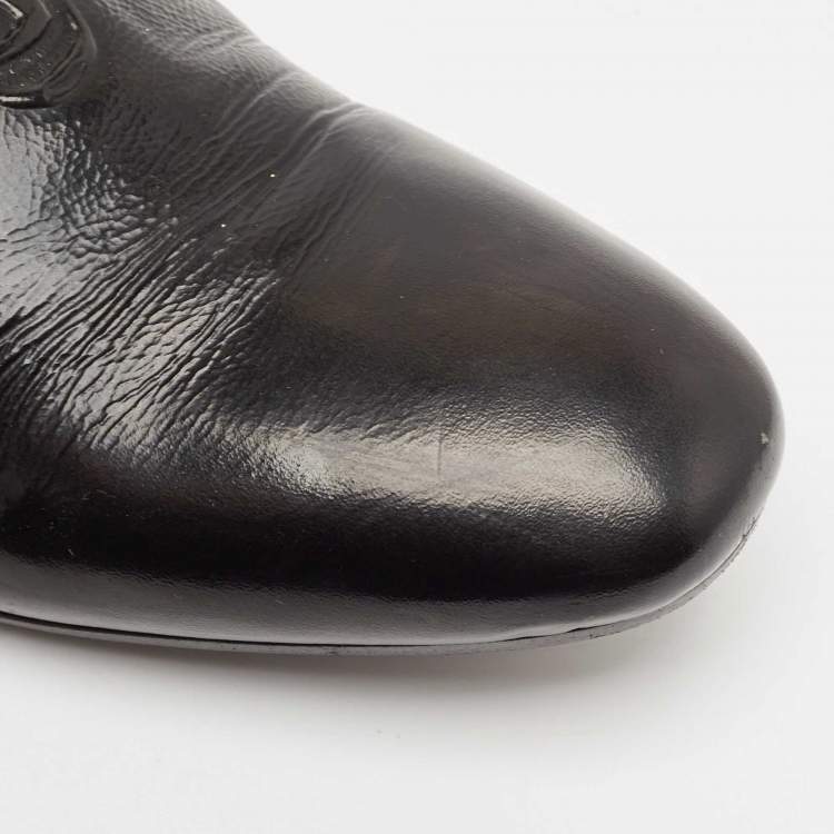 Pre Owned Alexander McQueen Black Patent Leather Skull Embossed Detail Smoking Slippers Size 44