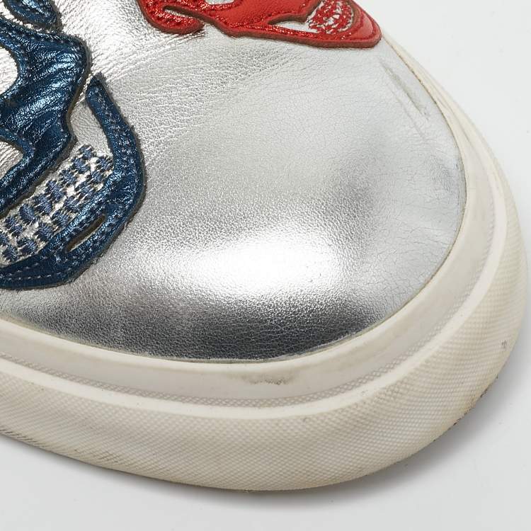 Pre Owned Alexander McQueen Silver Leather Skull Embossed Slip On Sneakers Size 45