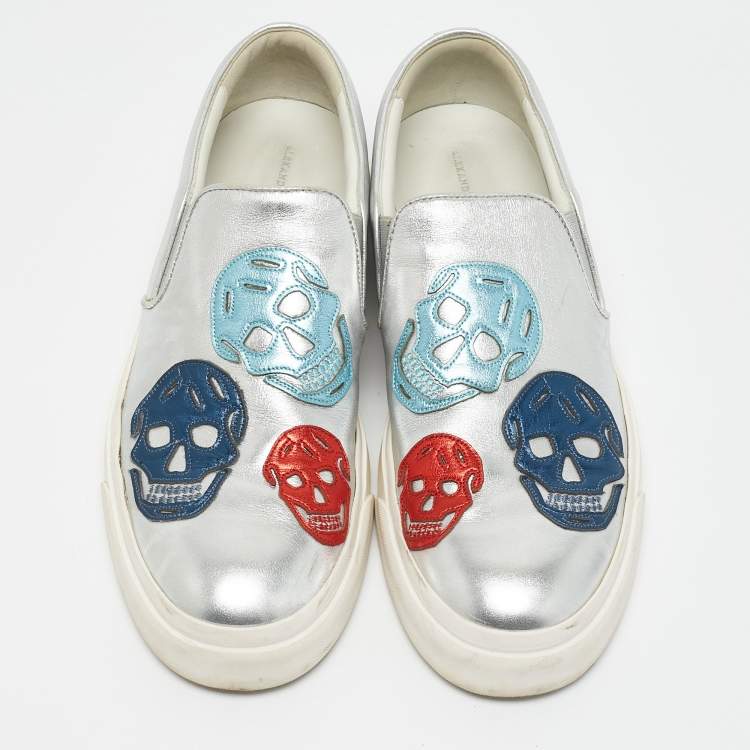 Pre Owned Alexander McQueen Silver Leather Skull Embossed Slip On Sneakers Size 45