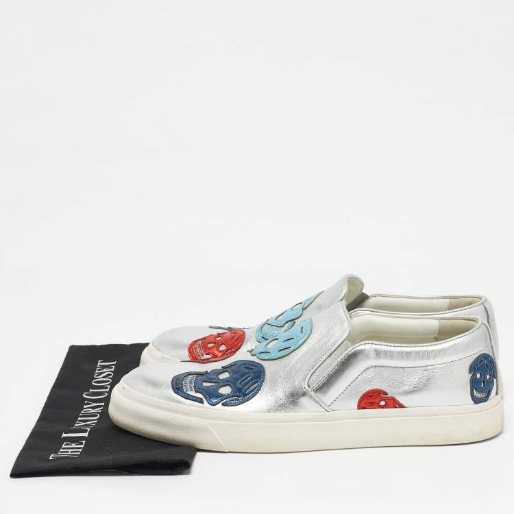 Pre Owned Alexander McQueen Silver Leather Skull Embossed Slip On Sneakers Size 45