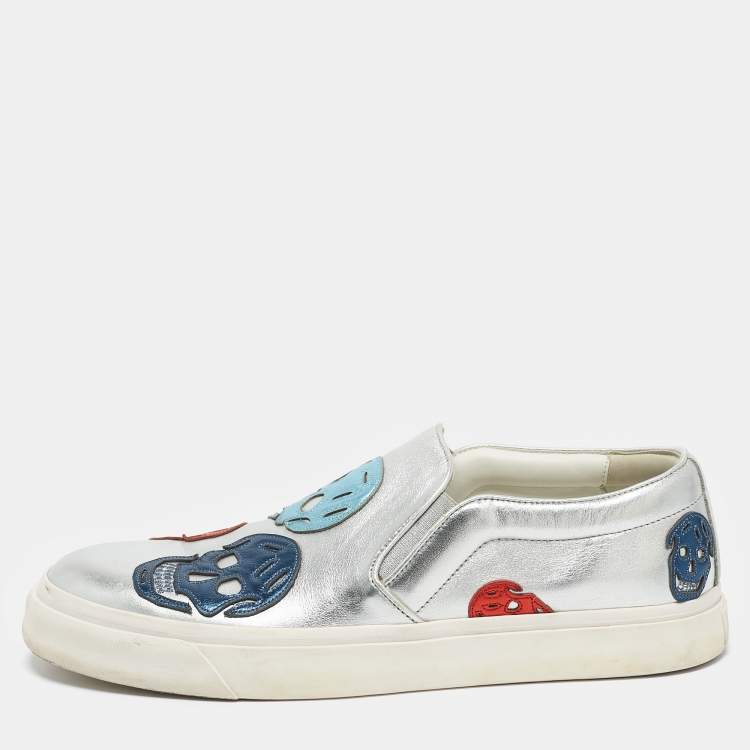 Pre Owned Alexander McQueen Silver Leather Skull Embossed Slip On Sneakers Size 45