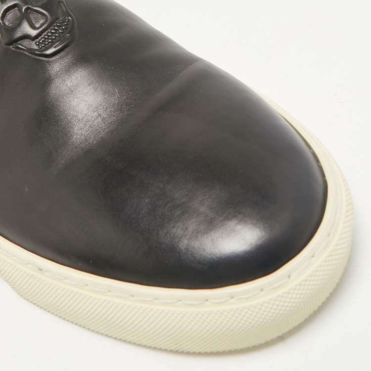 Pre Owned Alexander McQueen Black Leather and Calf Hair Skull Logo Embossed Slip On Sneakers Size 45