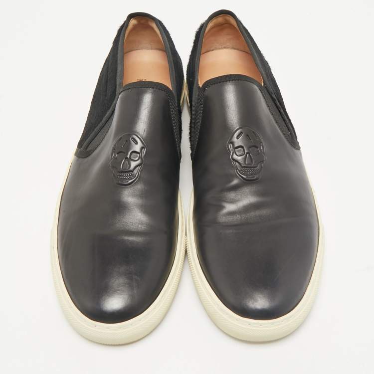 Pre Owned Alexander McQueen Black Leather and Calf Hair Skull Logo Embossed Slip On Sneakers Size 45
