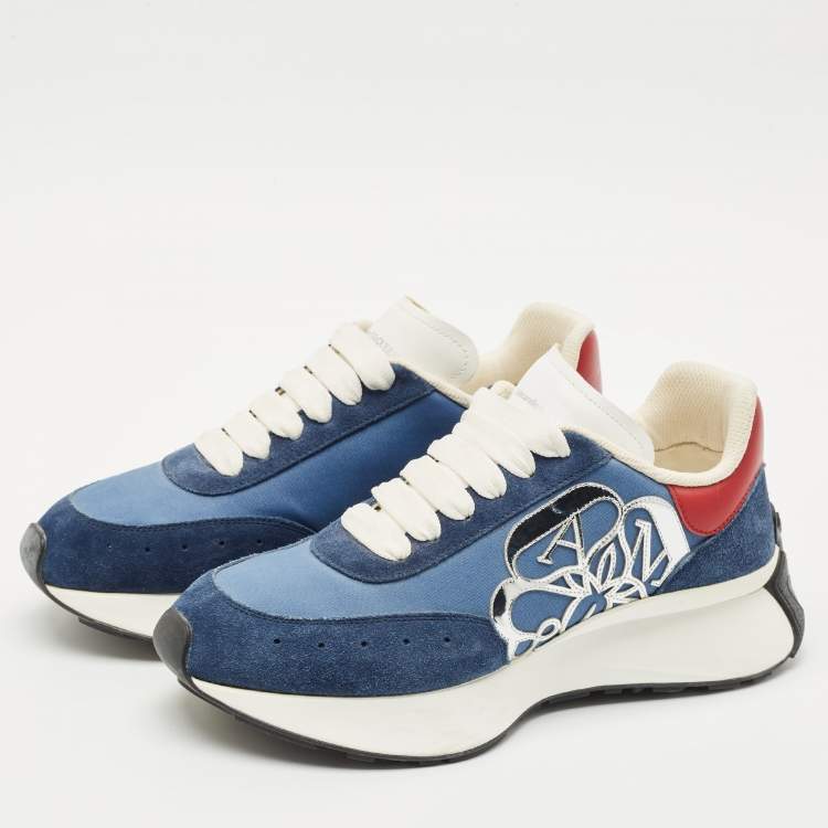 Pre Owned Alexander McQueen Navy Blue/Red Fabric, Leather and Suede Sprint Runner Sneakers Size 40