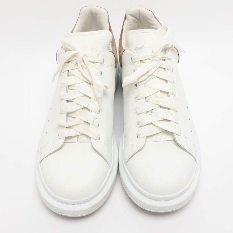 Pre Owned Alexander McQueen White/Taupe Leather and Suede Oversized Lace Up Sneakers Size 45