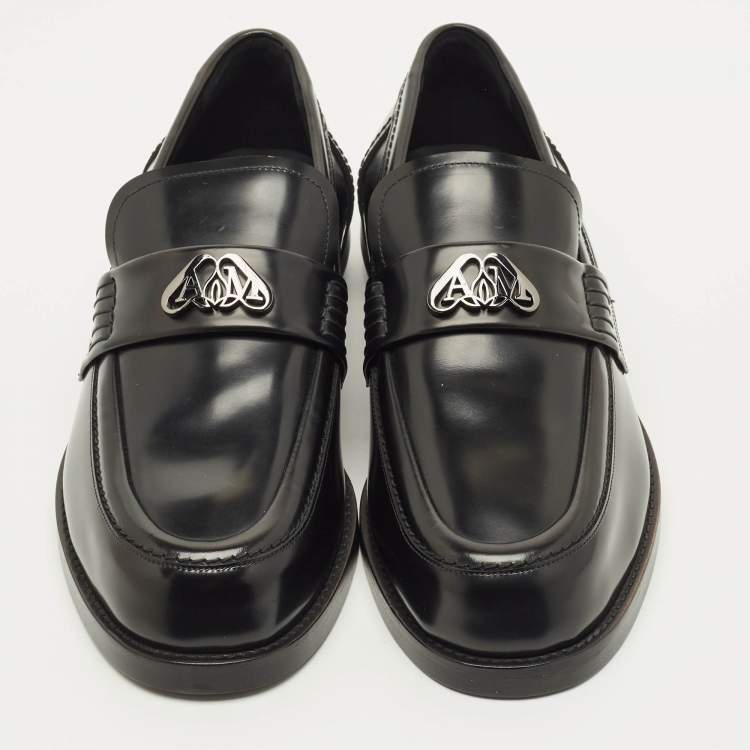 Pre Owned Alexander McQueen Size 43 Black Leather Logo-Plaque  Loafers