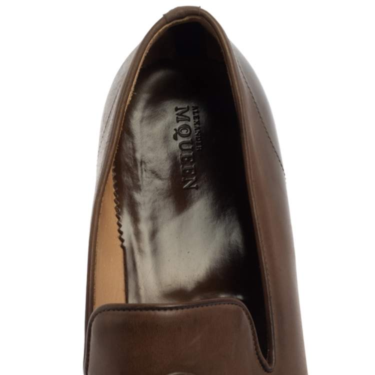 Pre Owned Alexander Mcqueen Brown Leather Skull Detail Smoking Loafers Size 43 