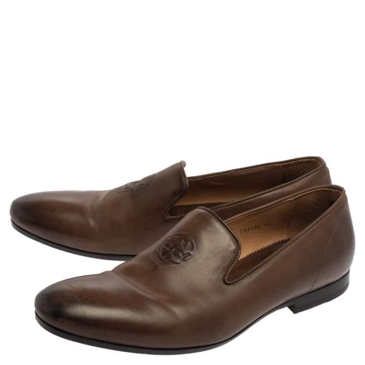 Pre Owned Alexander Mcqueen Brown Leather Skull Detail Smoking Loafers Size 43 