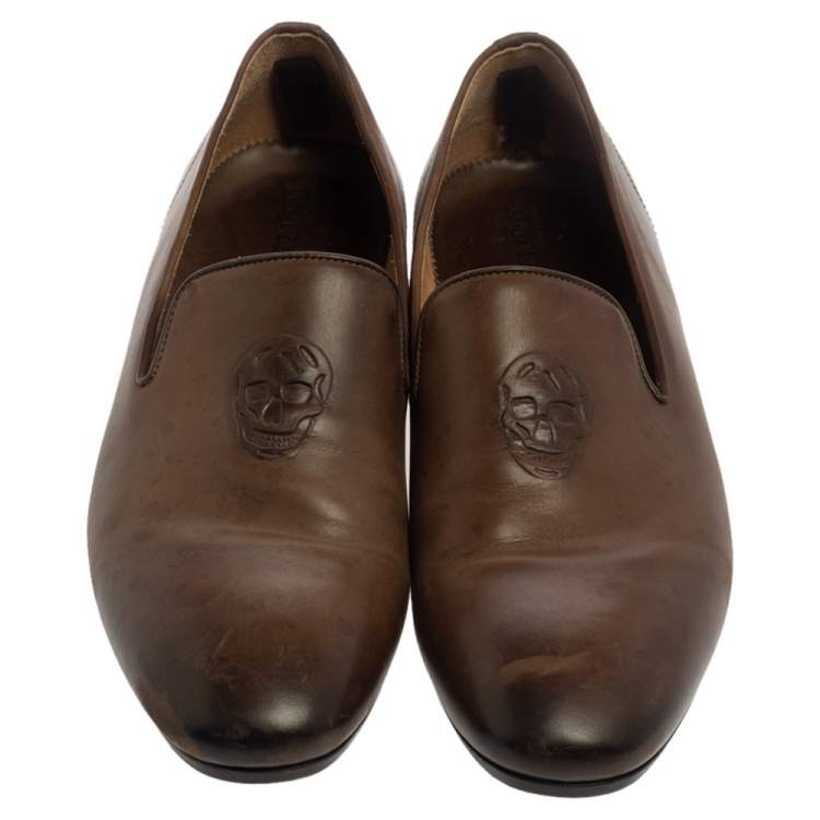 Pre Owned Alexander Mcqueen Brown Leather Skull Detail Smoking Loafers Size 43 