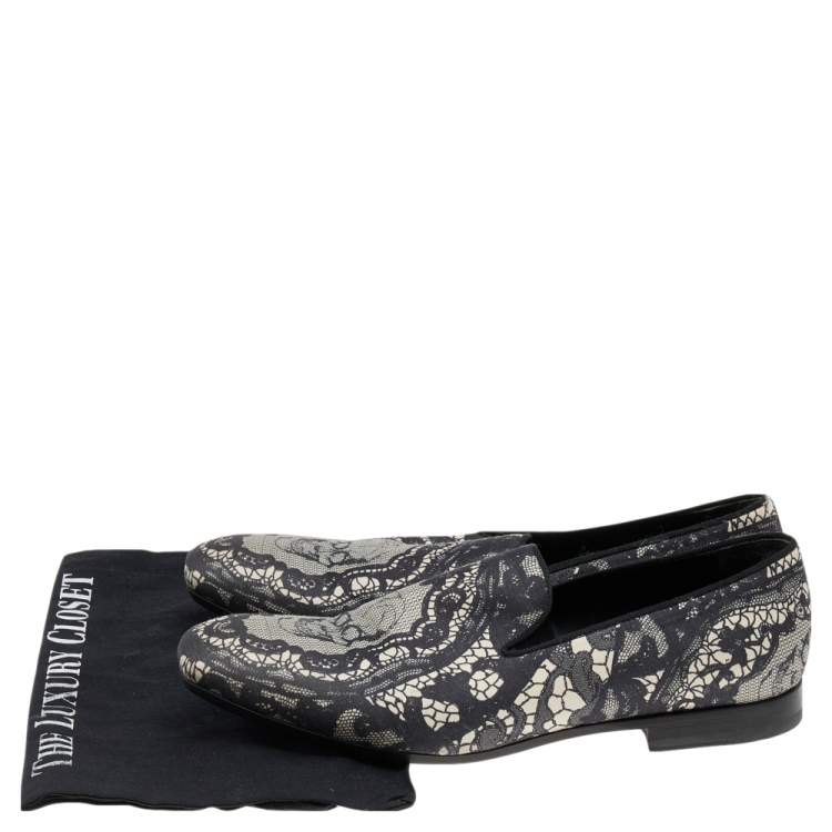 Pre Owned Alexander McQueen Black Skull & Lace-Print Fabric Loafers Size 41