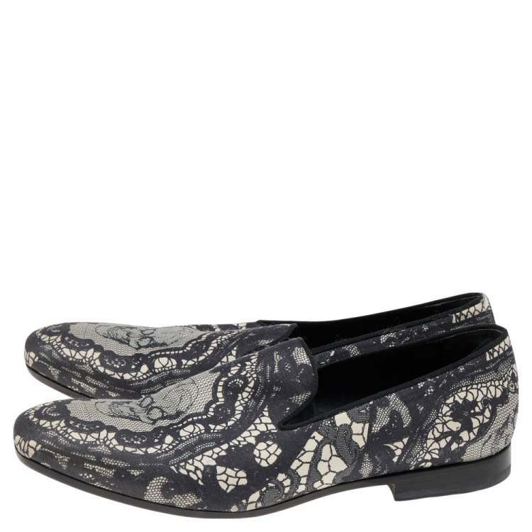 Pre Owned Alexander McQueen Black Skull & Lace-Print Fabric Loafers Size 41