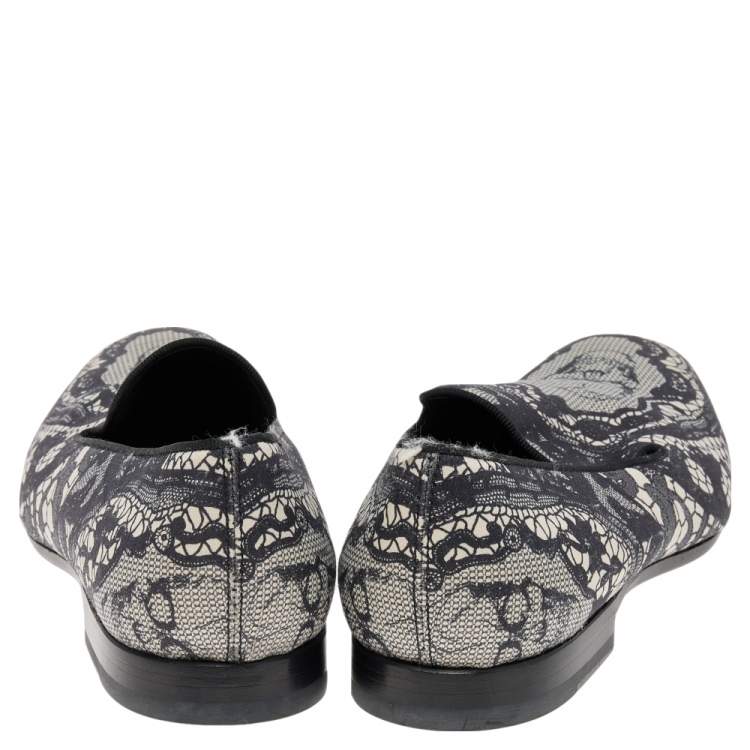 Pre Owned Alexander McQueen Black Skull & Lace-Print Fabric Loafers Size 41