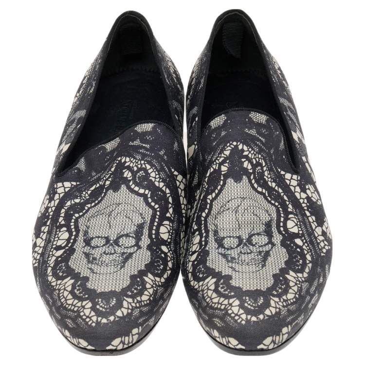 Pre Owned Alexander McQueen Black Skull & Lace-Print Fabric Loafers Size 41