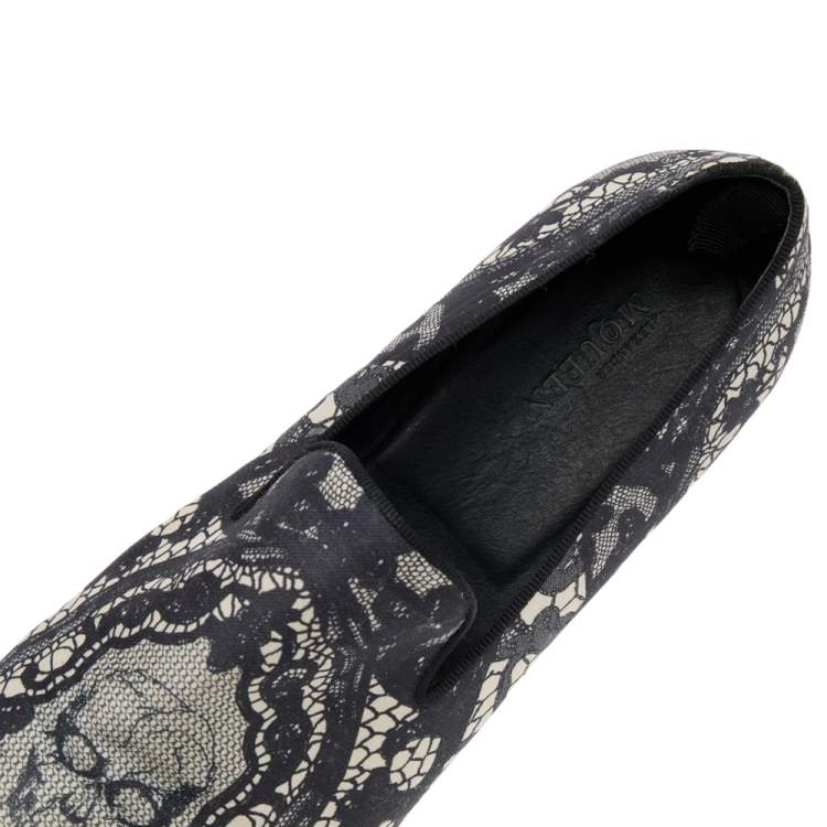 Pre Owned Alexander McQueen Black Skull & Lace-Print Fabric Loafers Size 41