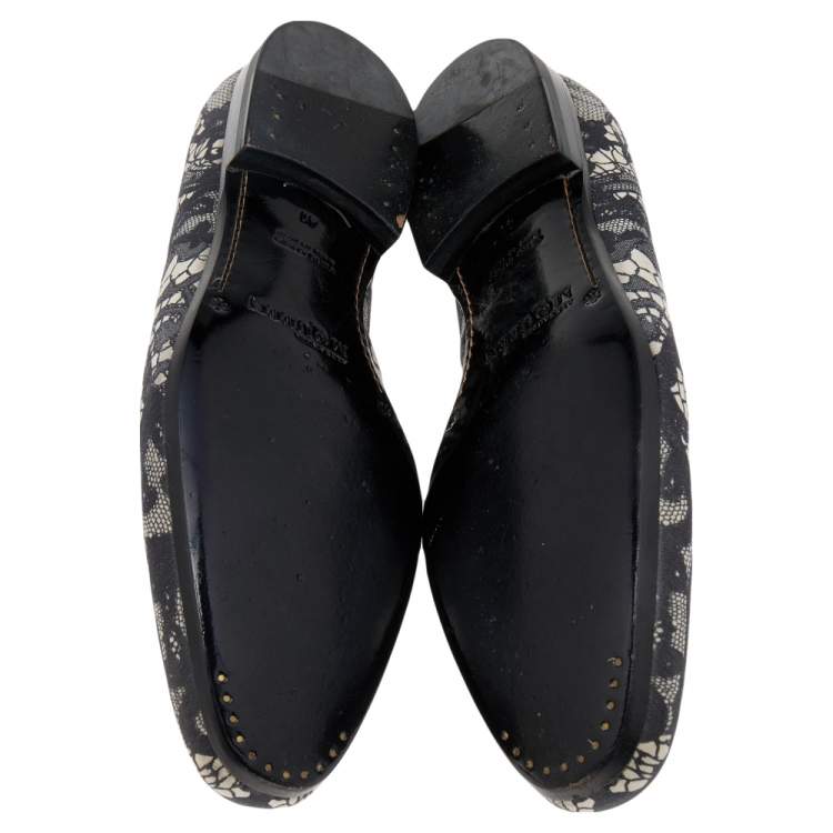 Pre Owned Alexander McQueen Black Skull & Lace-Print Fabric Loafers Size 41