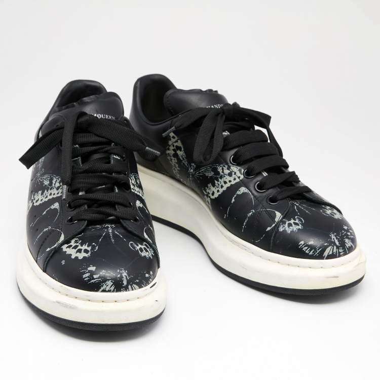Pre Owned Alexander McQueen Black Butterfly Print Leather Lace Up Sneakers Size 43