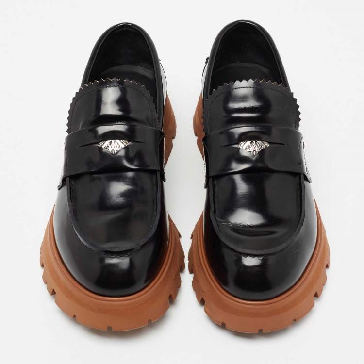 Pre Owned Alexander McQueen Black/Brown Leather Tread Penny Loafers Size 41